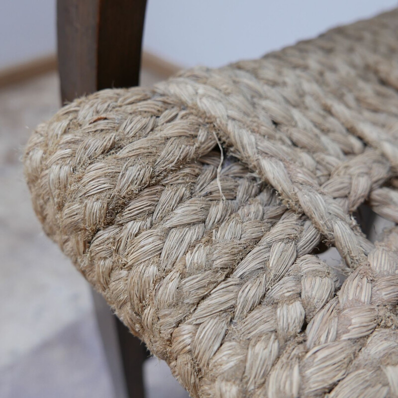 Tabouret vintage en contreplaqué et corde d'Audoux-Minet, France 1960