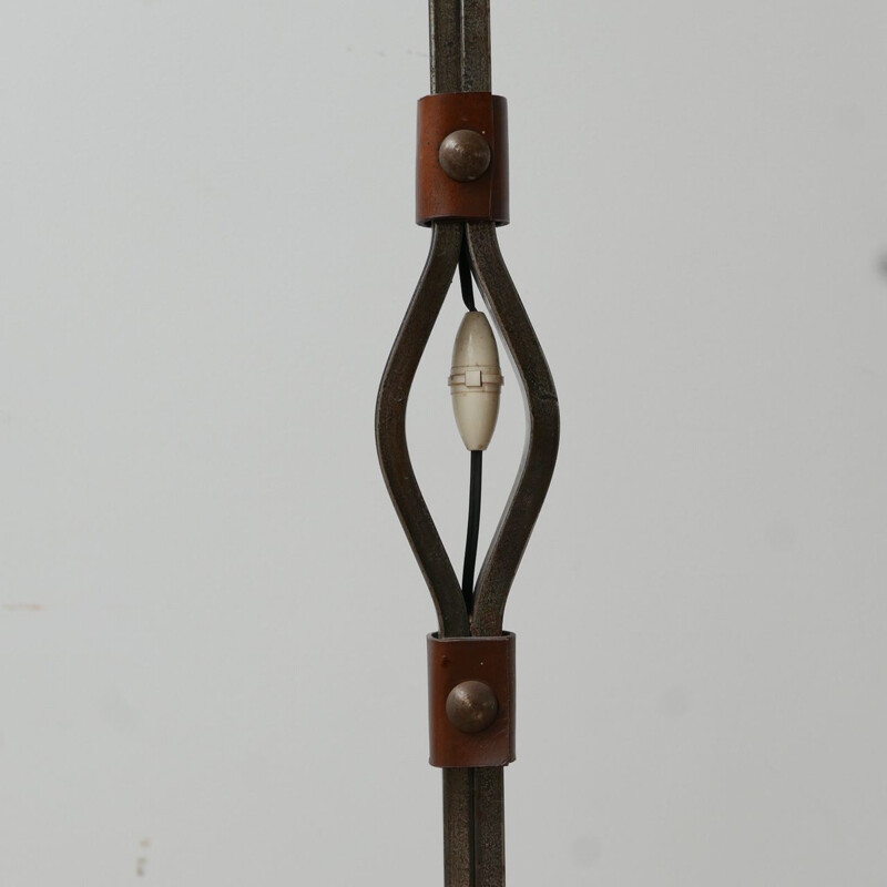 Mid-century leather and iron floor lamp by Jean-Pierre Ryckaert, France 1950s