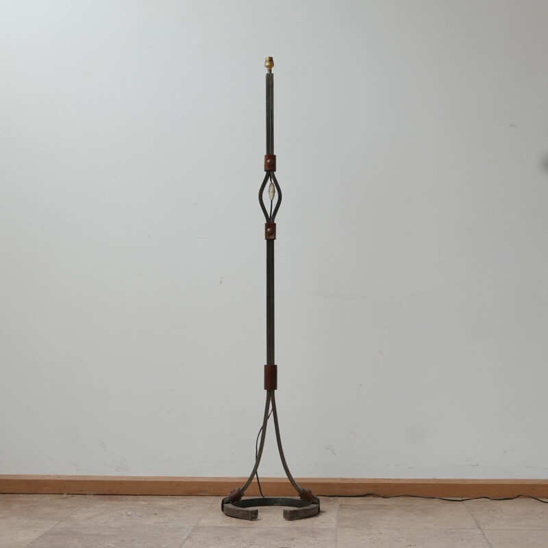 Mid-century leather and iron floor lamp by Jean-Pierre Ryckaert, France 1950s