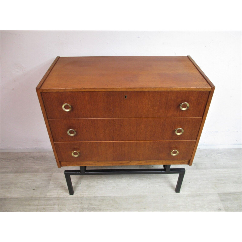 Teak and metal legs vintage chest of drawers, Sweden 1980s