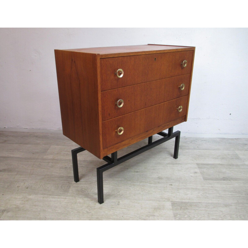 Teak and metal legs vintage chest of drawers, Sweden 1980s