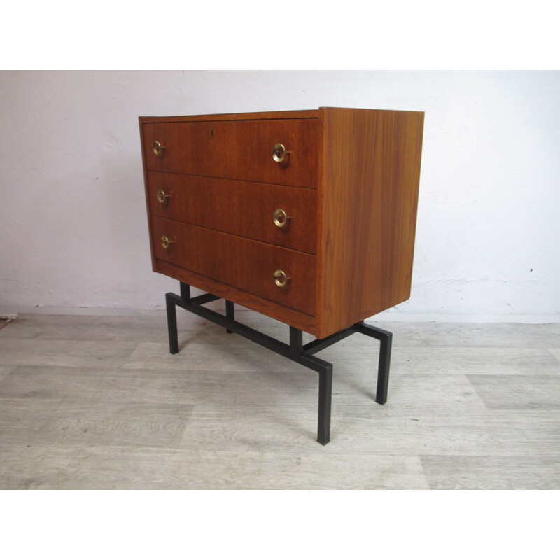 Teak and metal legs vintage chest of drawers, Sweden 1980s