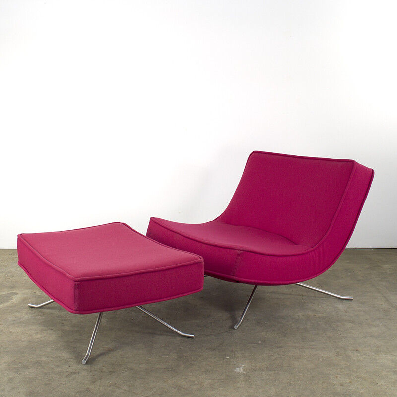 Pink Ligne Roset "Pop" lounge chair with ottoman in fabric, Christian WERNER - 1990s