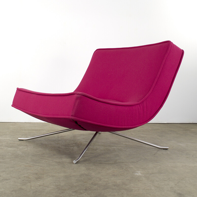 Pink Ligne Roset "Pop" lounge chair with ottoman in fabric, Christian WERNER - 1990s