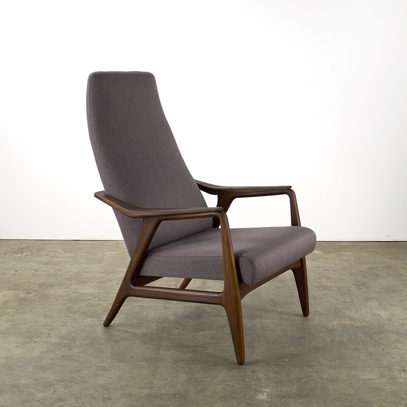 Mid-century Scandinavian armchair in teak and purple fabric - 1960s