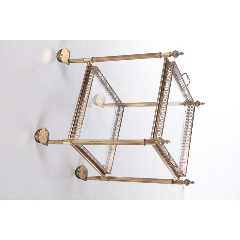 Mid century glass and brass golden trolley for Maison Jansen