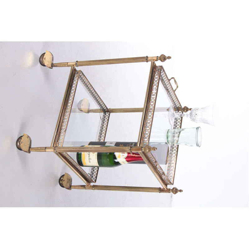 Mid century glass and brass golden trolley for Maison Jansen