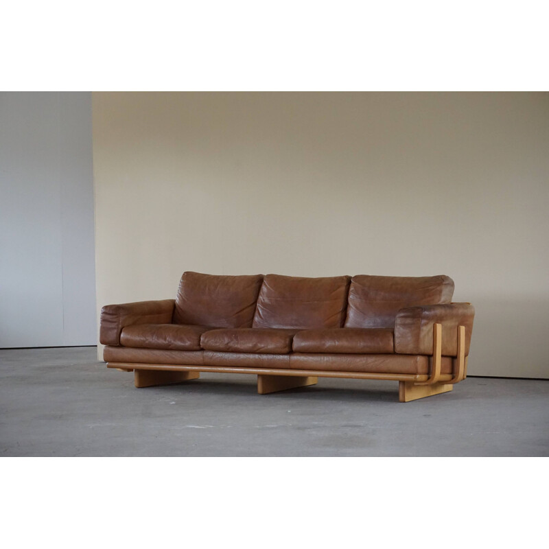 Canapé 3 places danois vintage en cuir et cadre en bois de hêtre, 1960