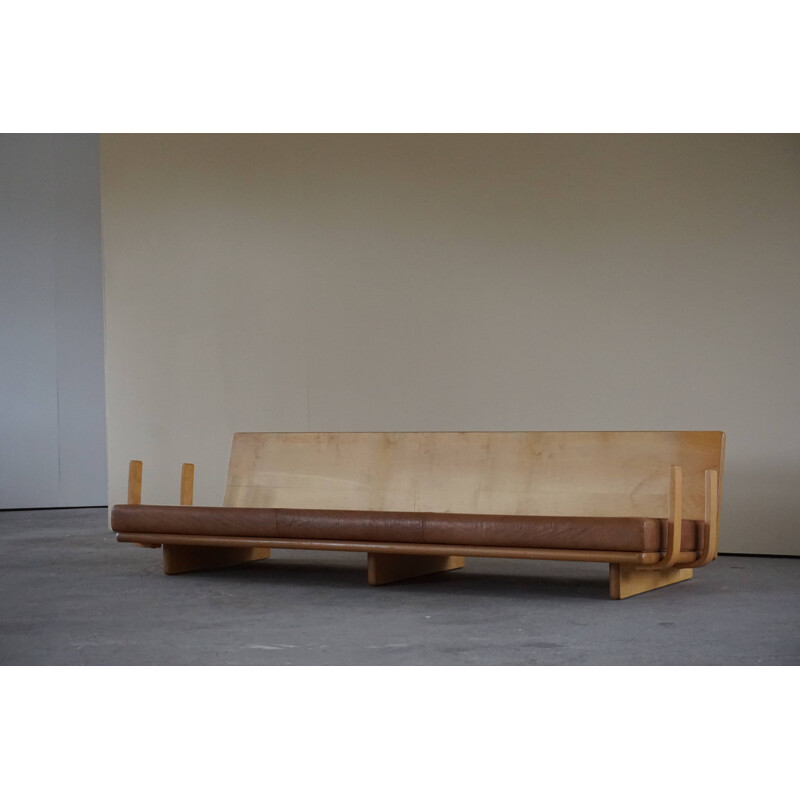 Canapé 3 places danois vintage en cuir et cadre en bois de hêtre, 1960