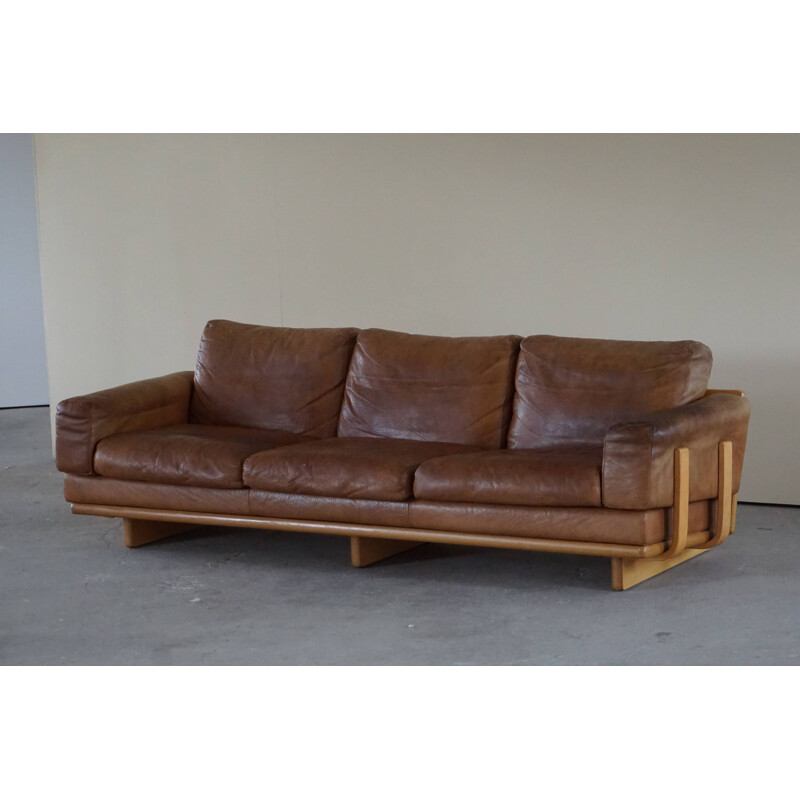 Mid century danish three sater sofa in leather and beechwood frame, 1960s