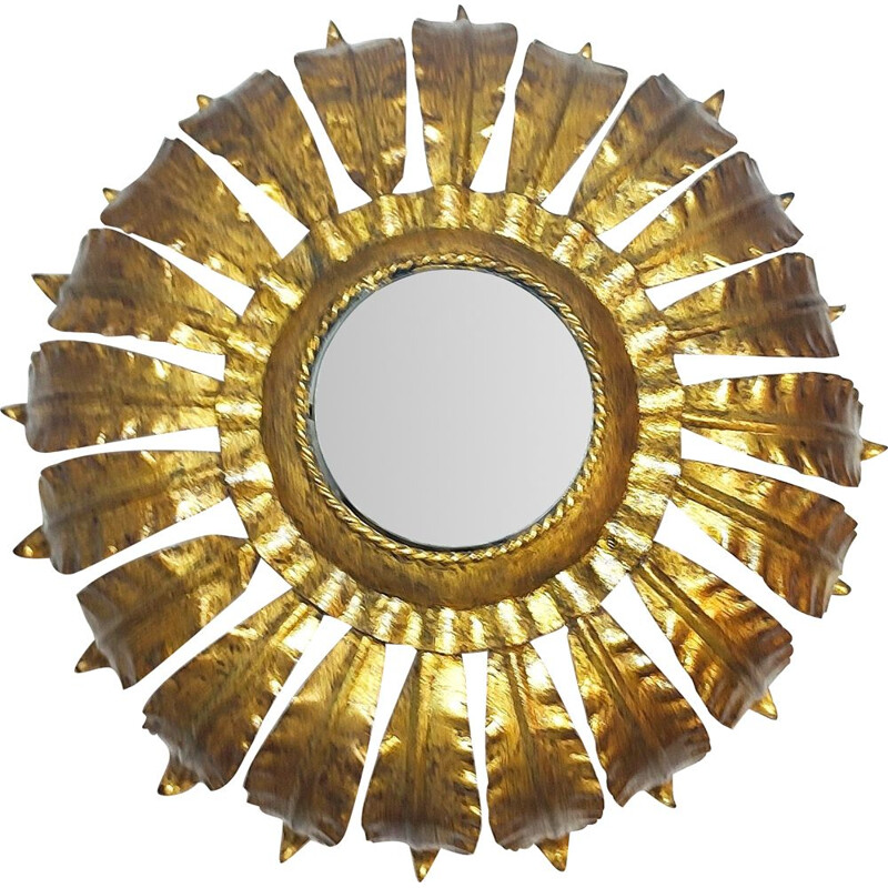 Mid century ceiling lamp sun covered with gold leaf, Spain 1970s