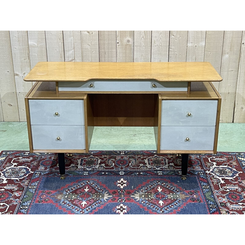 Vintage English desk in blond oak, 1970s