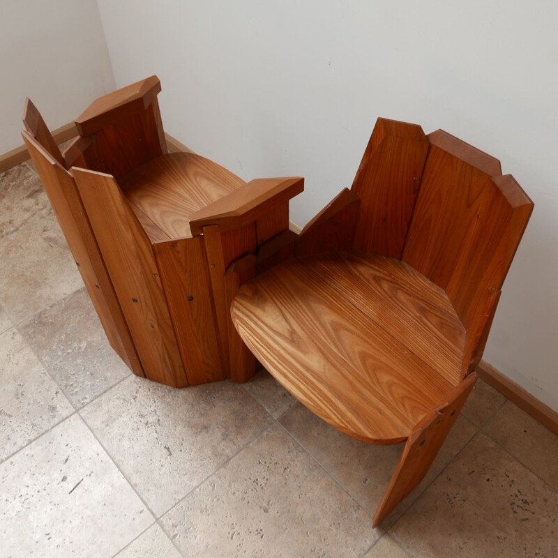 Pair of elmwood mid-century armchairs by Pierre Chapo, France 2009