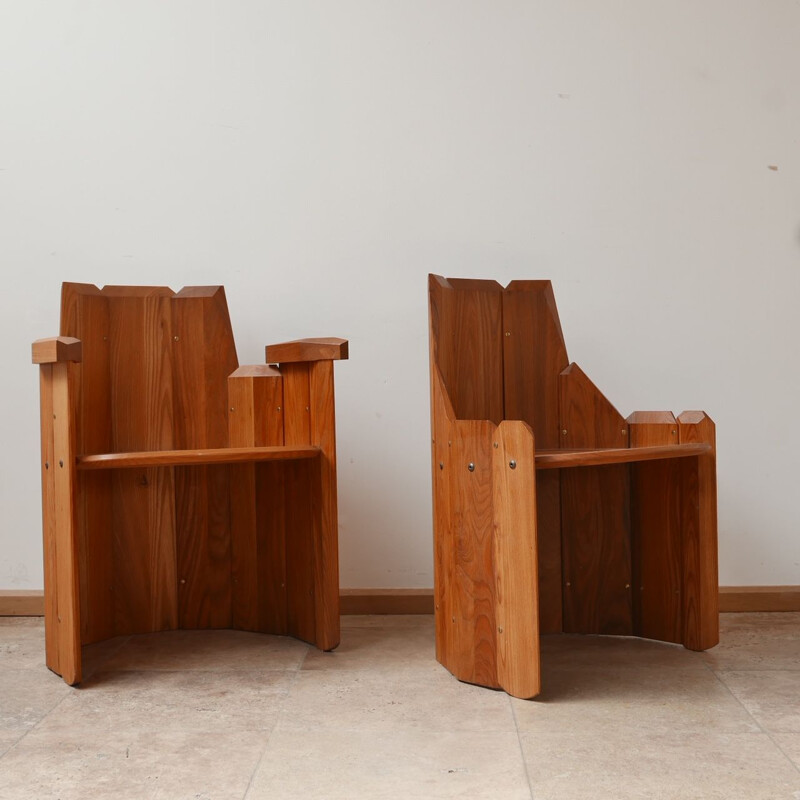 Pair of elmwood mid-century armchairs by Pierre Chapo, France 2009