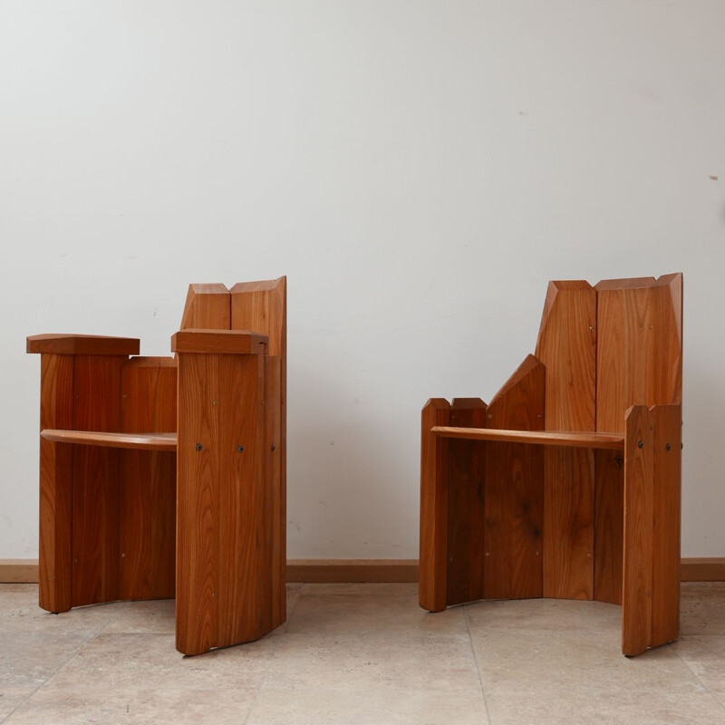 Pair of elmwood mid-century armchairs by Pierre Chapo, France 2009