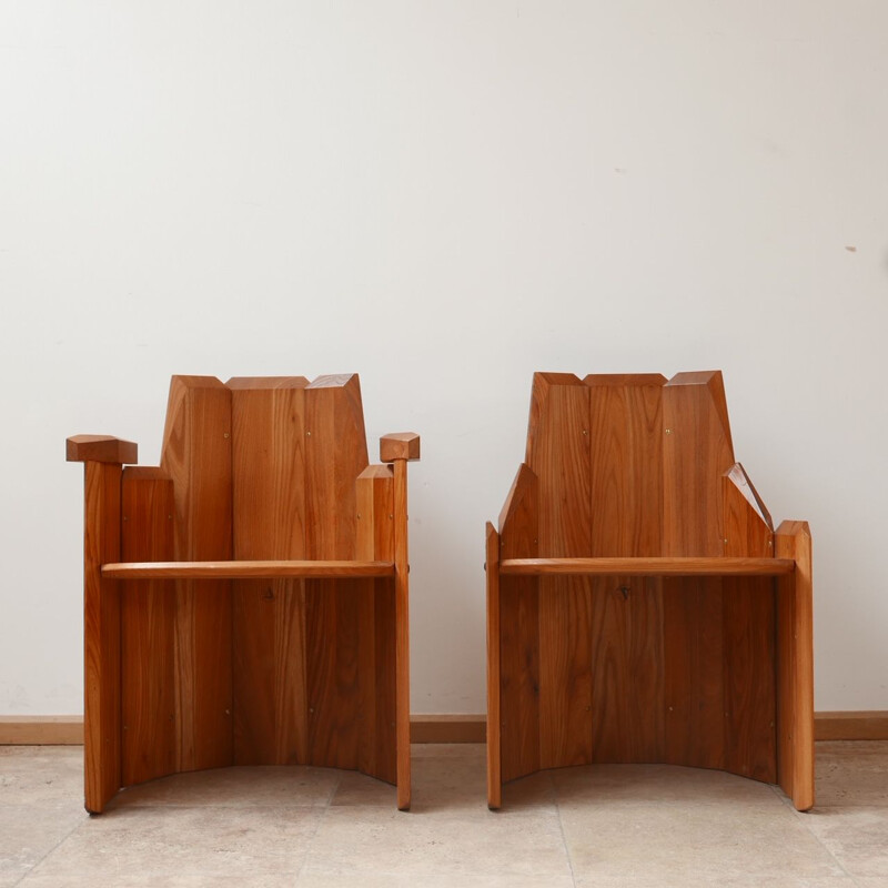Pair of elmwood mid-century armchairs by Pierre Chapo, France 2009