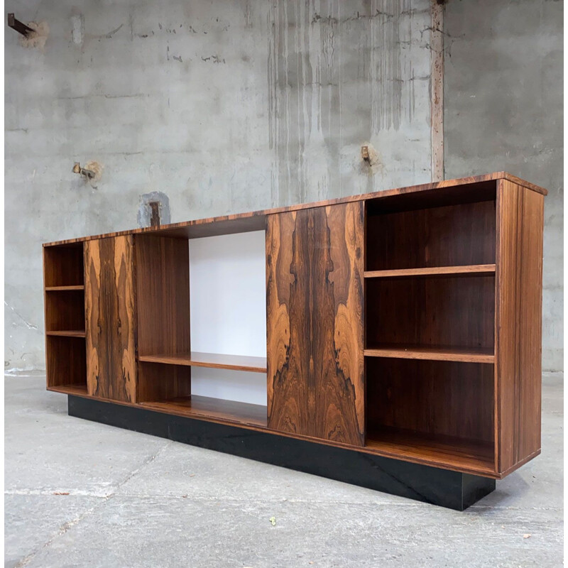 Vintage rosewood sideboard with flamed sliding doors, France 1950