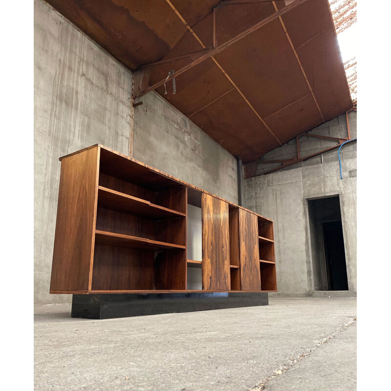 Vintage rosewood sideboard with flamed sliding doors, France 1950