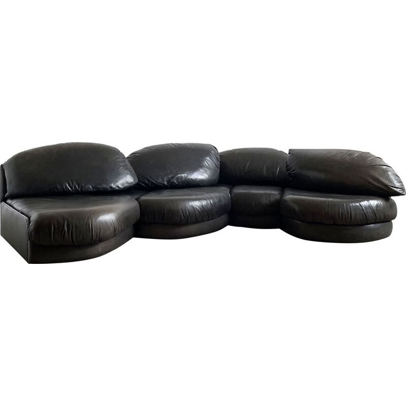 Organic shape sectional black leather vintage sofa by Wiener Werkstätte, Austria 1970s
