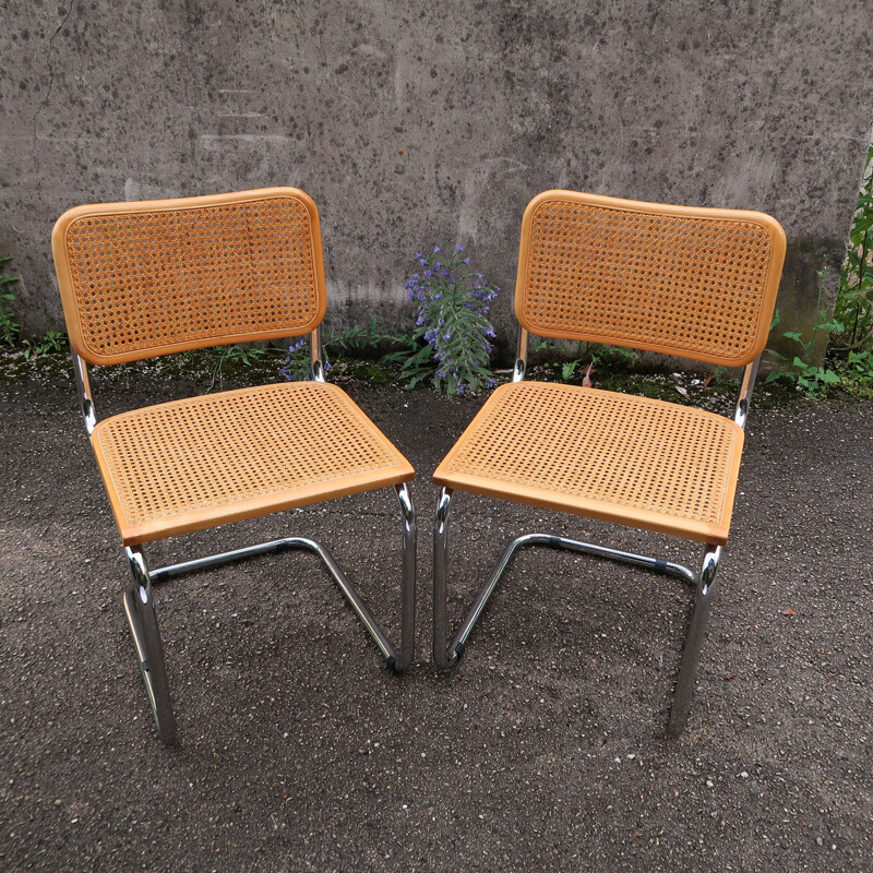 Pair of vintage beech and cane chairs S32 by Marcel Breuer