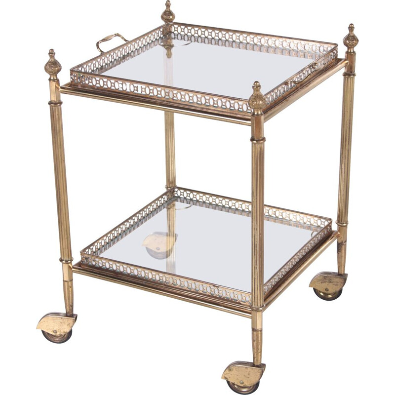 Mid century glass and brass golden trolley for Maison Jansen