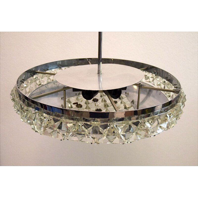 Vintage chrome-plated brass chandelier with crystal gems by Kinkeldey, Germany, 1970