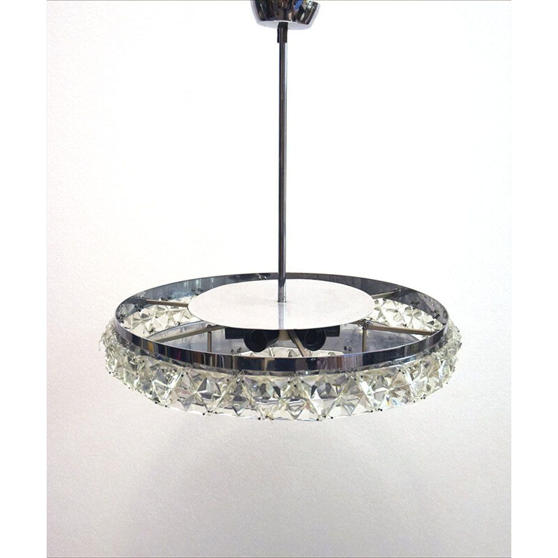 Vintage chrome-plated brass chandelier with crystal gems by Kinkeldey, Germany, 1970