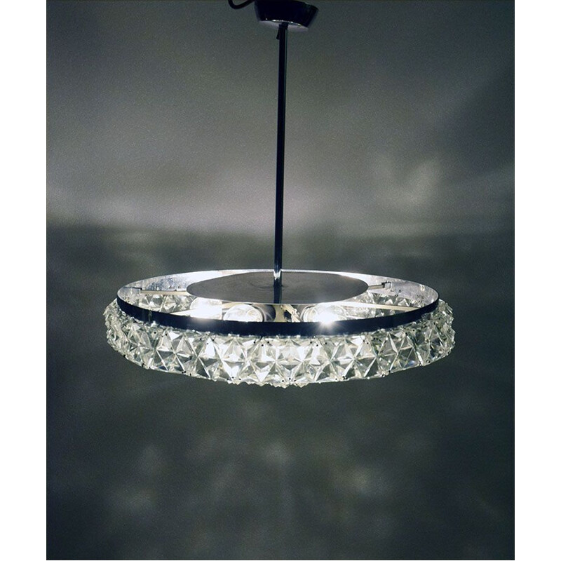 Lustre vintage en laiton chromé avec des pierres précieuses en cristal de Kinkeldey, Allemagne, 1970