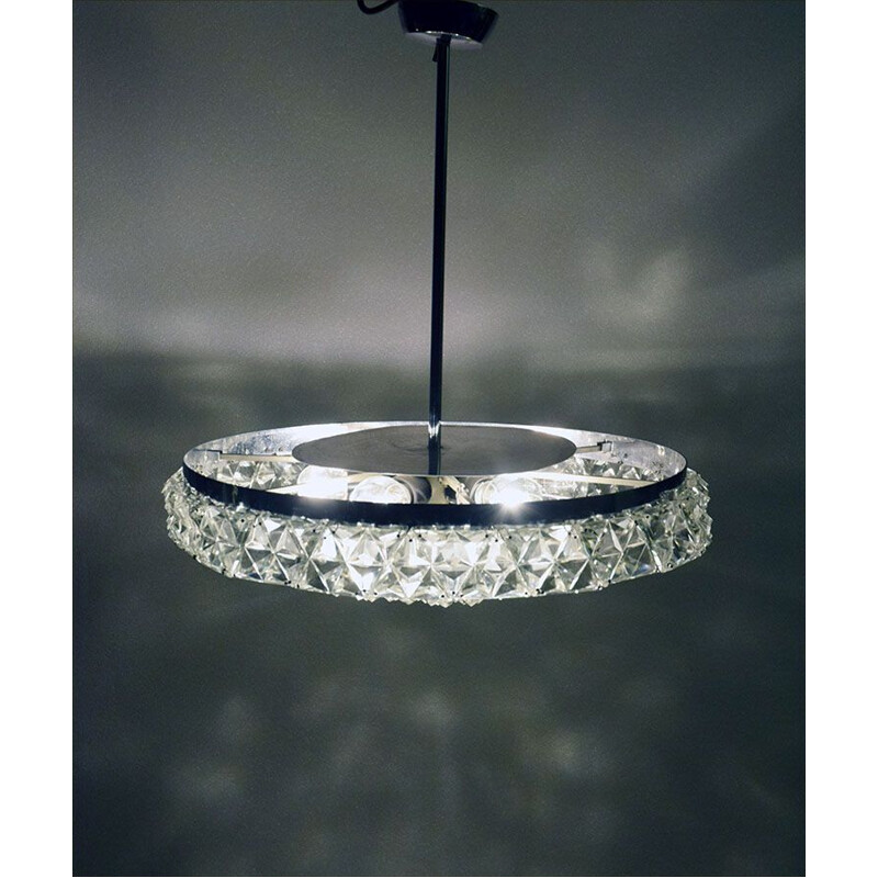 Vintage chrome-plated brass chandelier with crystal gems by Kinkeldey, Germany, 1970