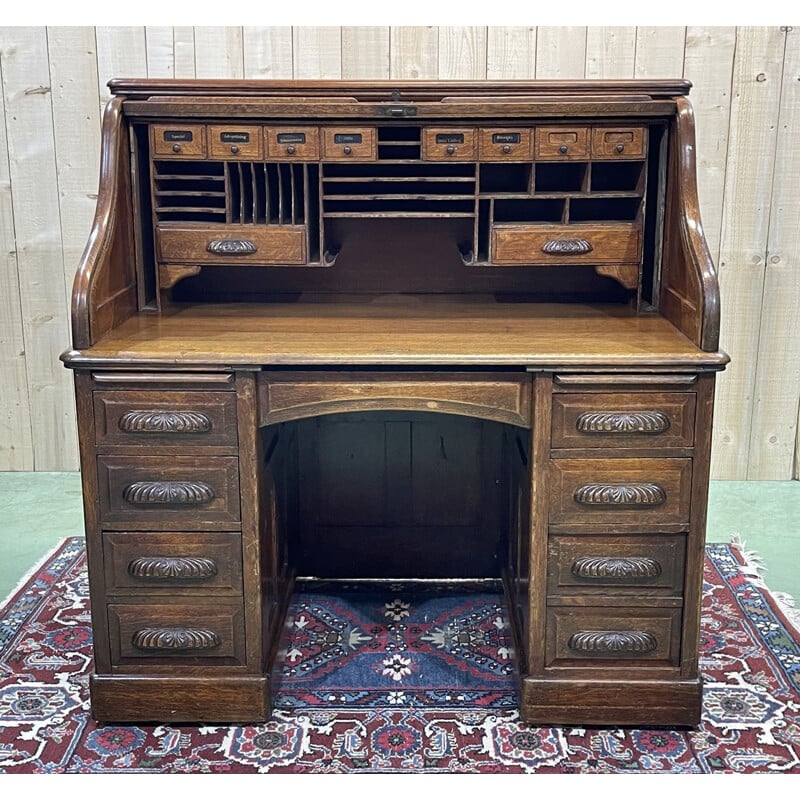 Vintage oak cylinder desk, English 1930