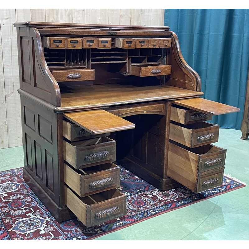 Vintage oak cylinder desk, English 1930