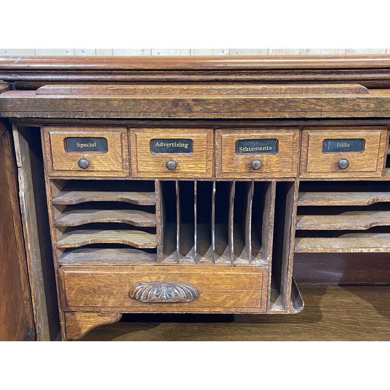 Vintage oak cylinder desk, English 1930