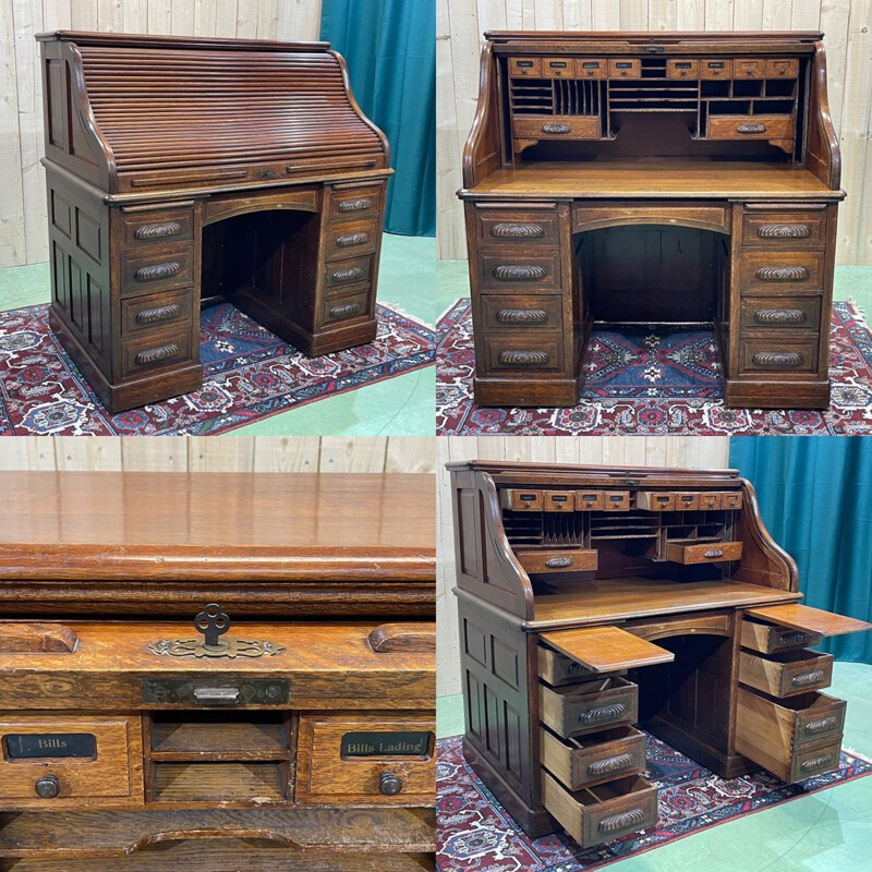 Vintage oak cylinder desk, English 1930