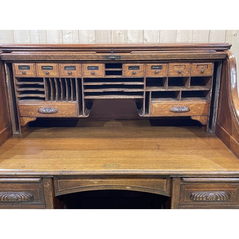 Vintage oak cylinder desk, English 1930