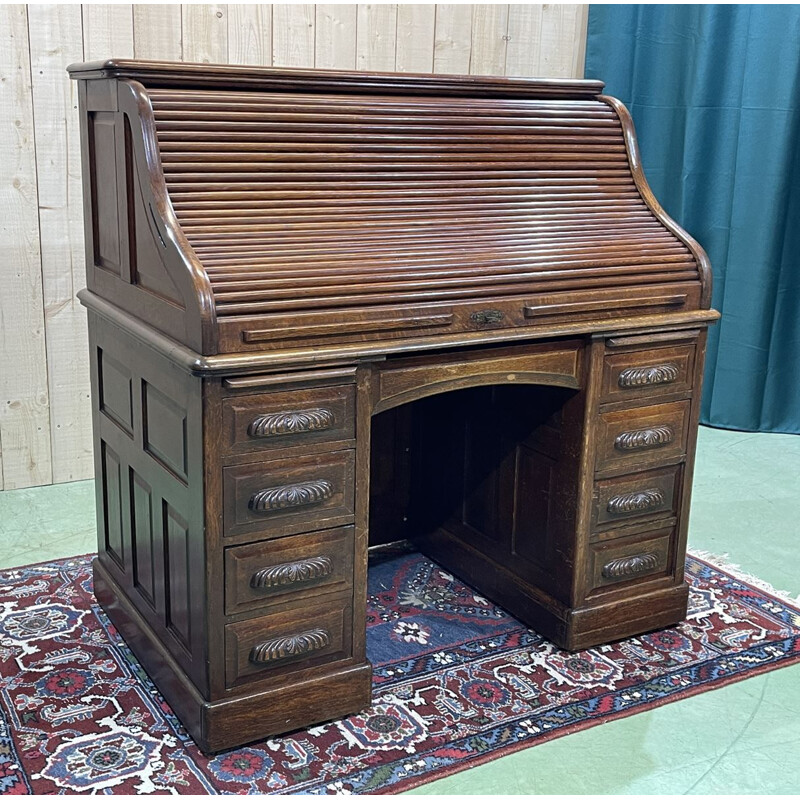 Vintage oak cylinder desk, English 1930