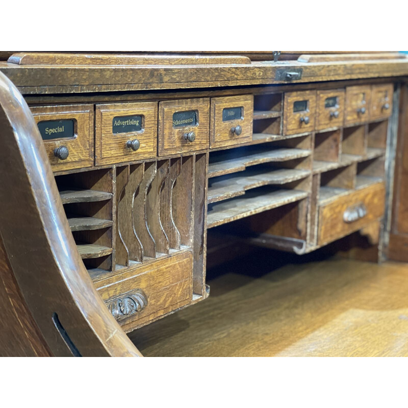 Vintage oak cylinder desk, English 1930