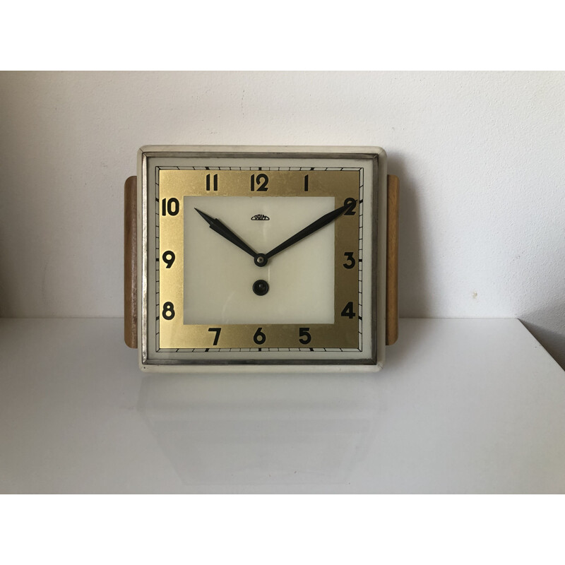 Vintage Prim wooden clock, Art Deco, Czechoslovakia 1950