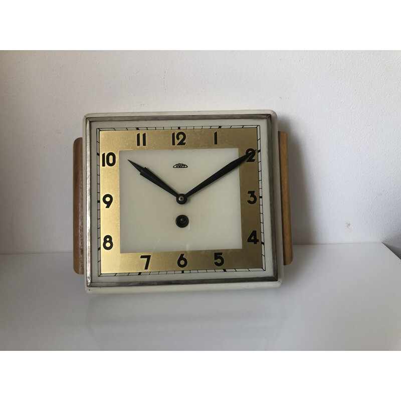 Vintage Prim wooden clock, Art Deco, Czechoslovakia 1950