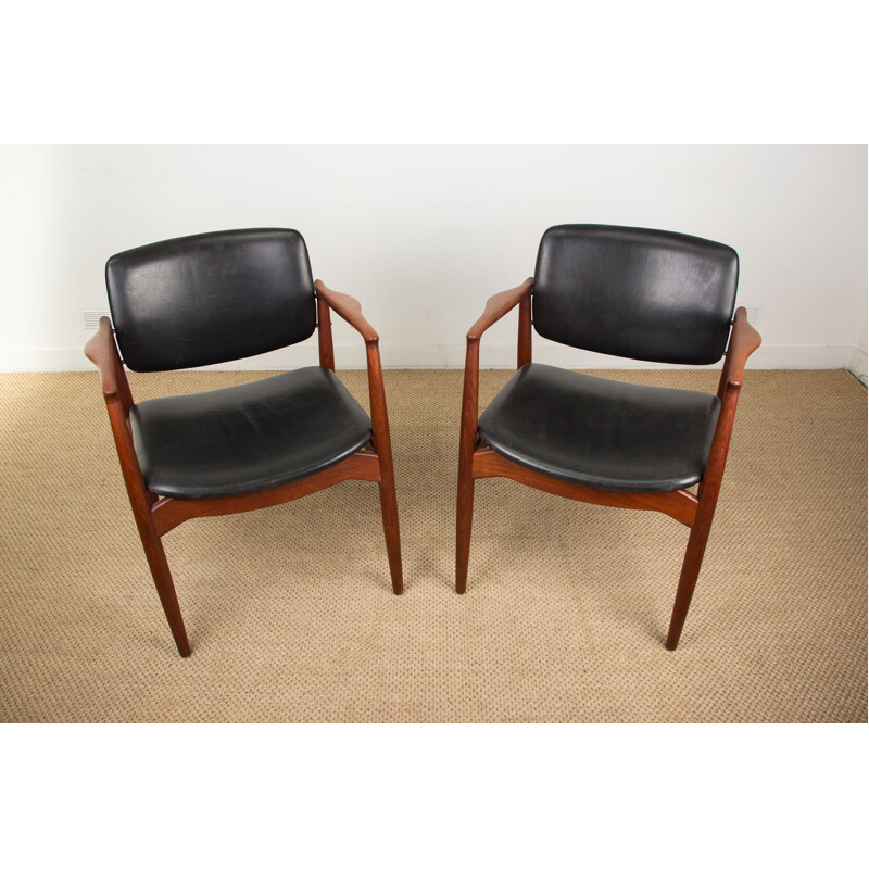 Pair of vintage teak and leather armchairs model "Captain" by Erik Buch for Orum Mobelfabrik, Danish 1960