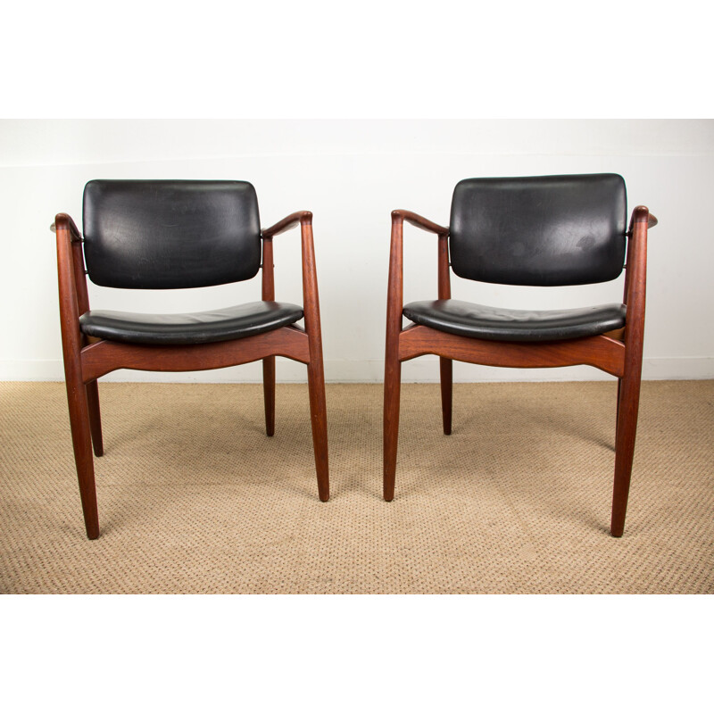 Pair of vintage teak and leather armchairs model "Captain" by Erik Buch for Orum Mobelfabrik, Danish 1960