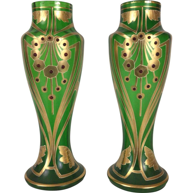 Pair of vintage enamelled glass vases by François Théodore Legras