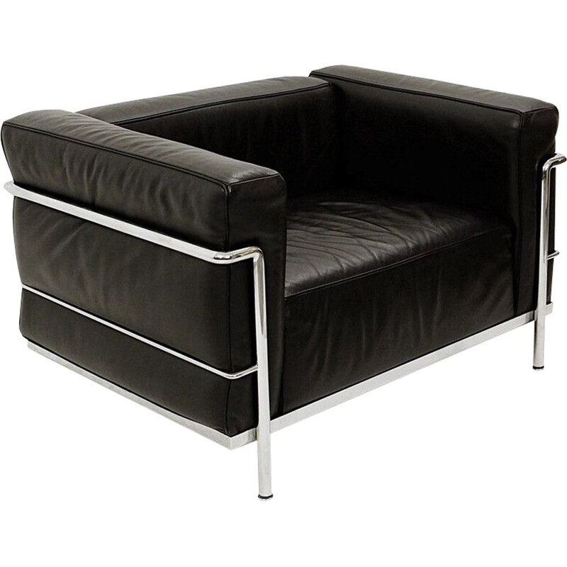 Vintage Lc3 armchair in black leather by Le Corbusier for Cassina