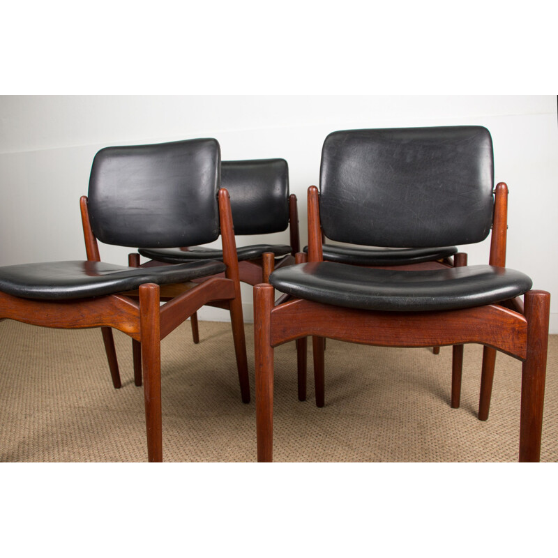 Set of 4 vintage teak and leather armchairs model "Captain" by Erik Buch for Orum Mobelfabrik, Denmark 1960