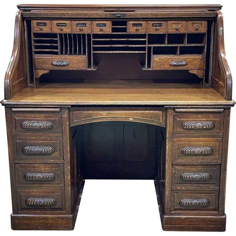 Vintage oak cylinder desk, English 1930