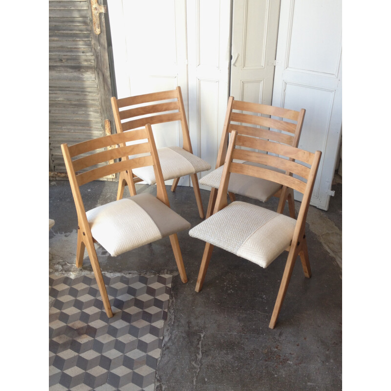 Suite of 4 chairs in beech with compas legs - 1960s