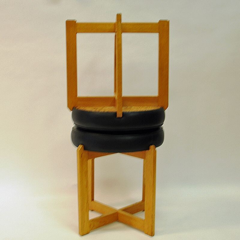 Pair of vintage oakwood and black leatherette stools, Sweden 1960