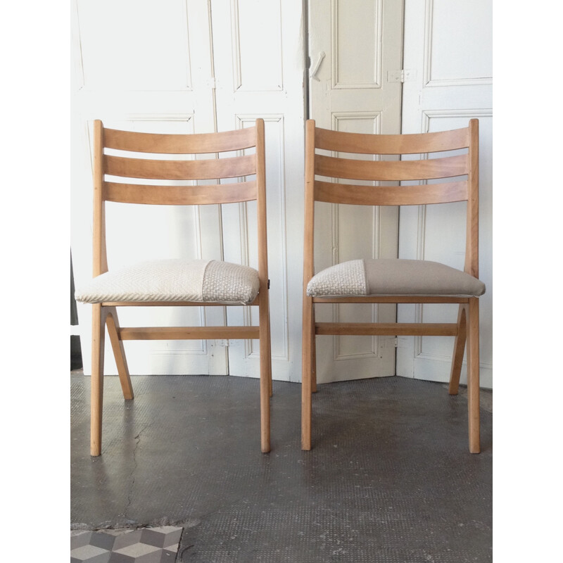 Suite of 4 chairs in beech with compas legs - 1960s