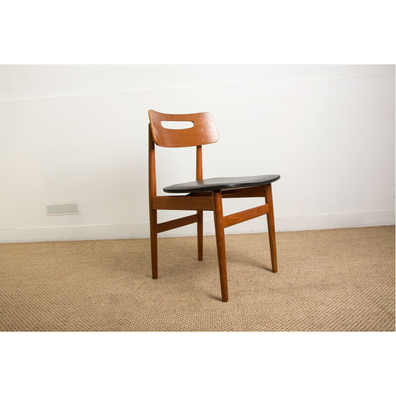 Set of 6 vintage Danish teak and black skai chairs, Denmark 1960s