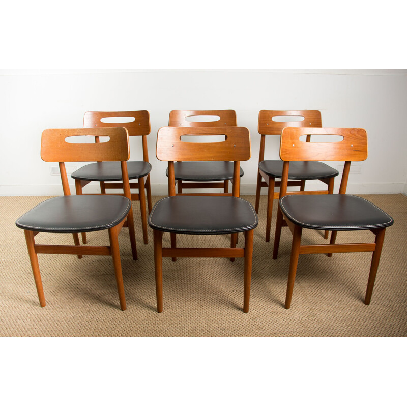 Lot de 6 chaises danoises vintage en teck et skaï noir, Danemark 1960