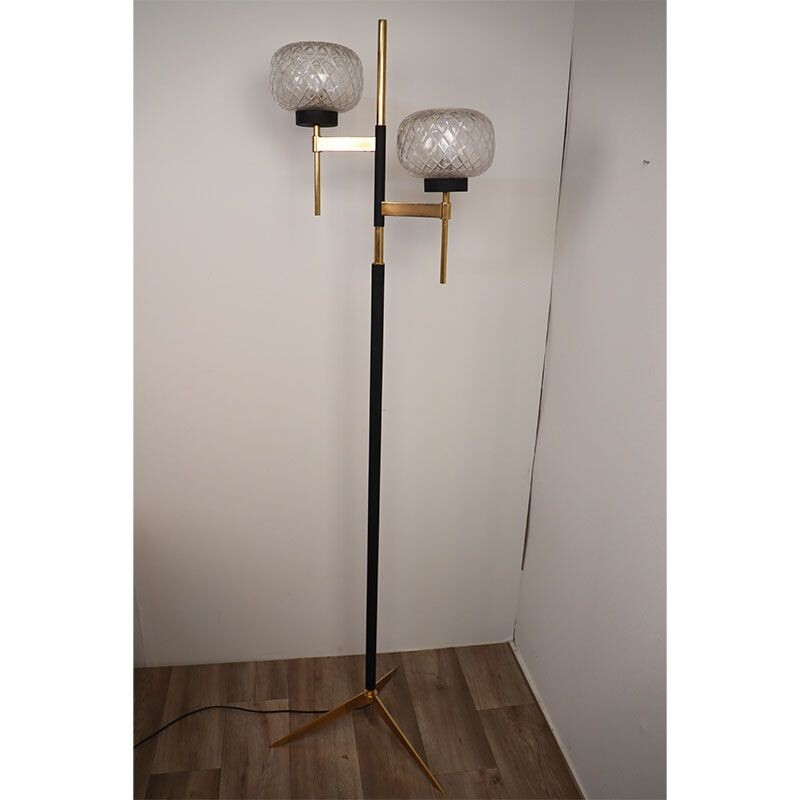 Vintage metal and brass floor lamp with double light, 1960s